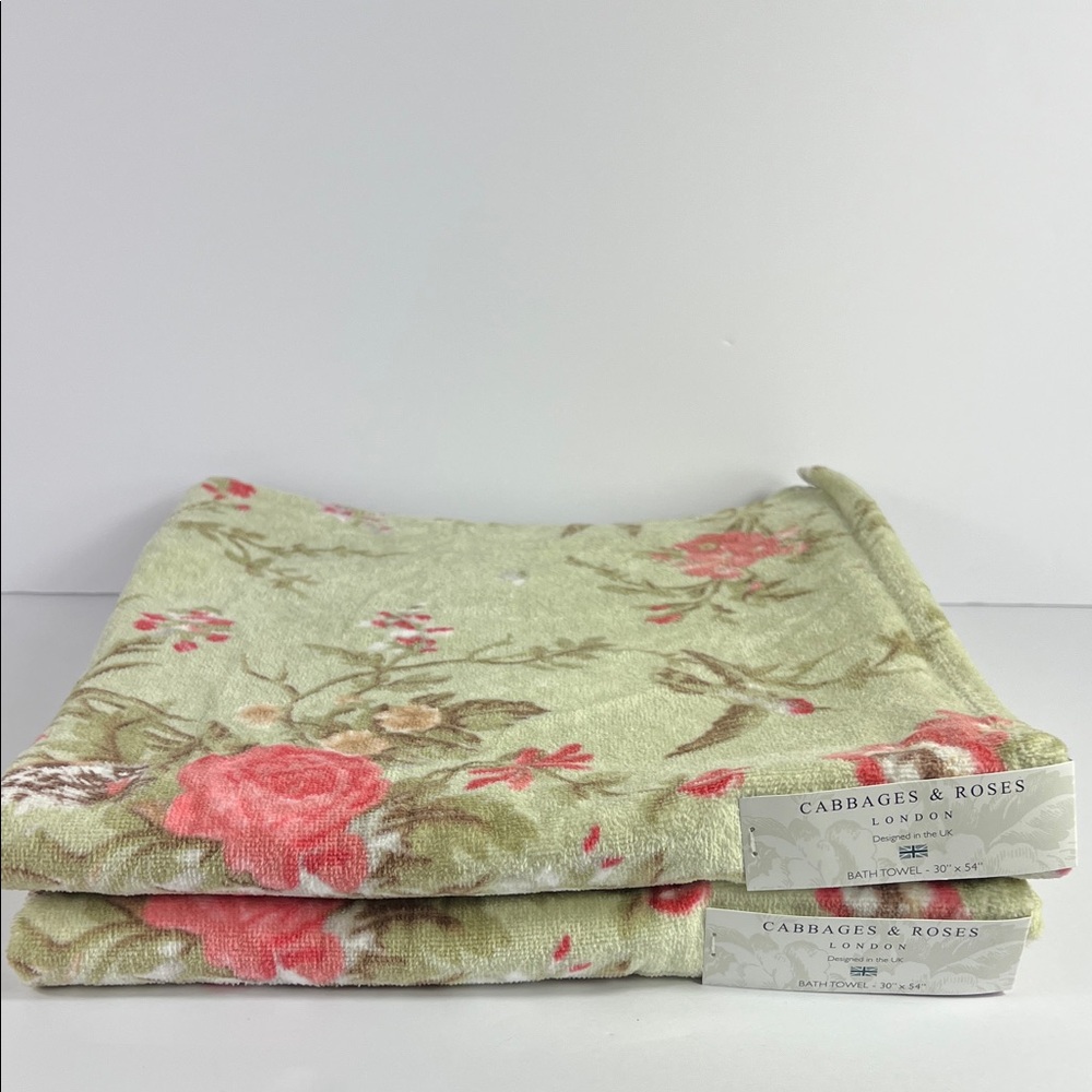 Cabbages & Roses London Bath Towels Green Pink Floral Velour Cotton 2 Pc Set NEW